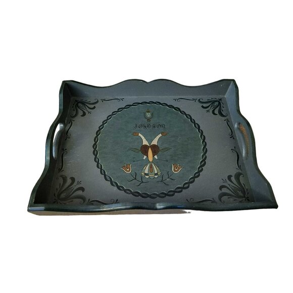 VTG Scandinavian Wooden Serving Tray Hand-Painted Floral and "Johnson" - Picture 1 of 3